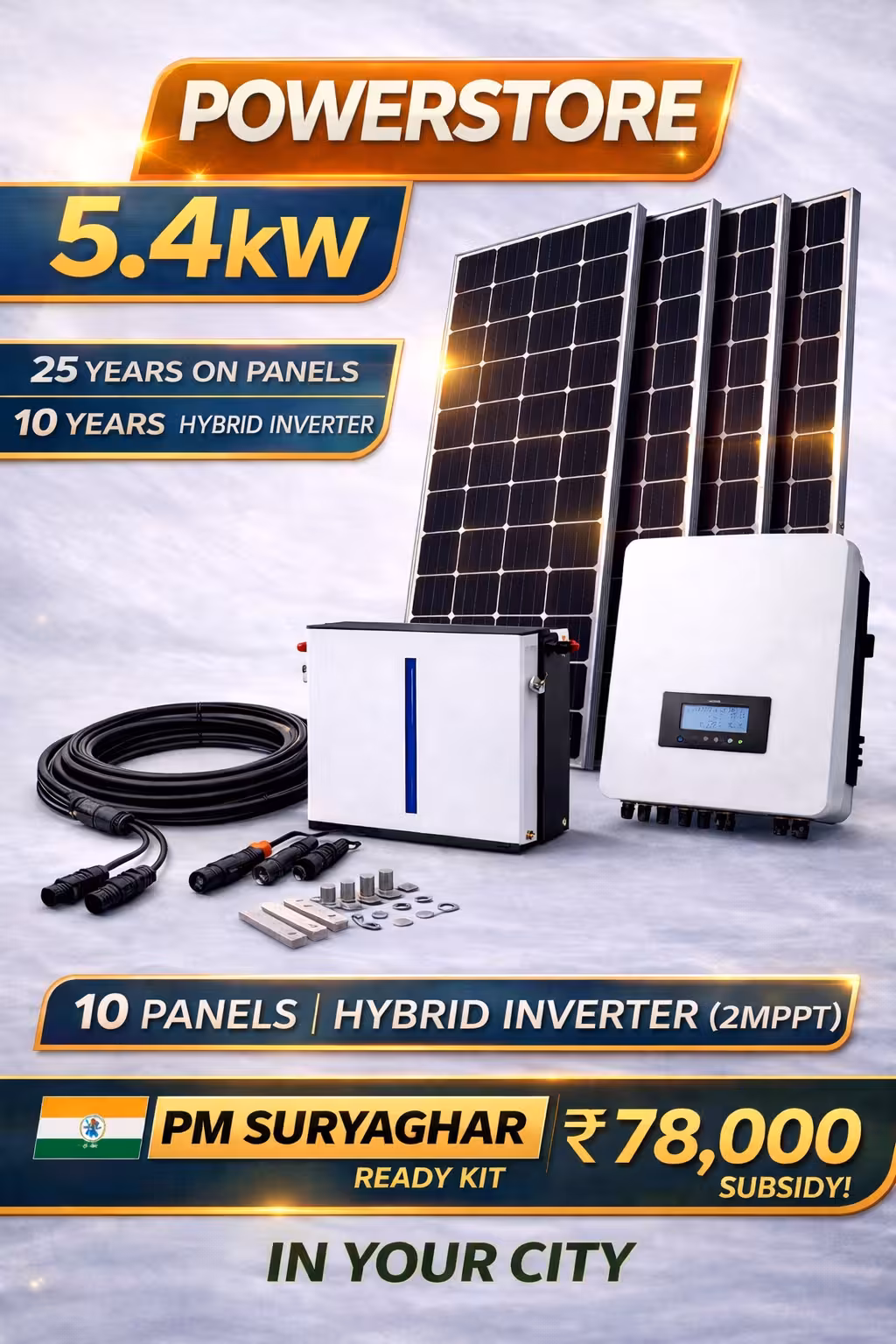 Power Store 5.4 kW 1Phase – Bifacial modules, Hybrid String Inverter, 5kWh Li-Ion Battery Kit