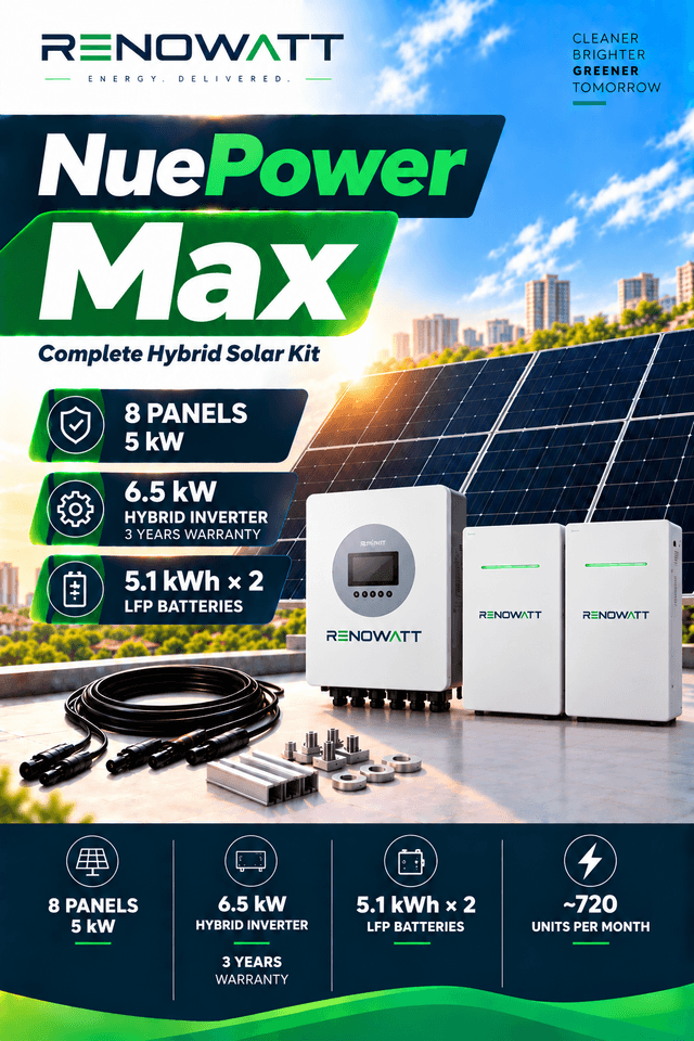 NuePower Max 5kw/6.5kw/10kwh 1Phase – High Efficiency Bifacial Solar Modules, Hybrid String Inverter, 5.1kWh Li-Ion Battery Kit