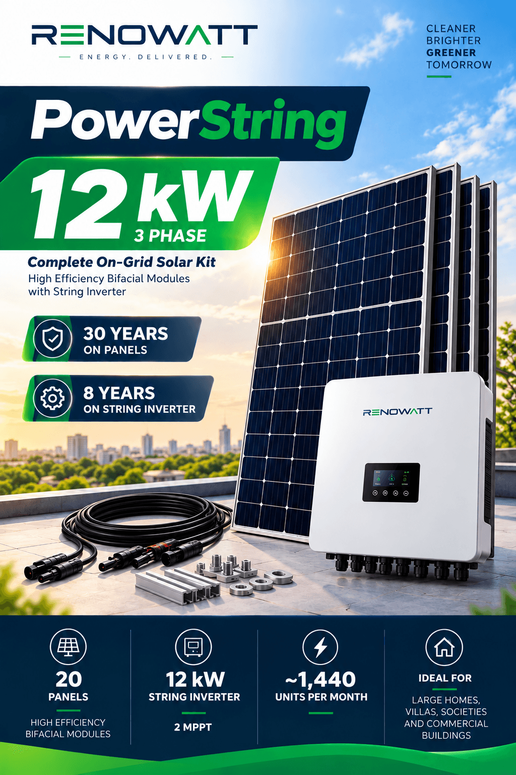 POWER STRING 12kW 3Phase – High Efficiency Bifacial Solar Modules, String Inverter Kit - No Subsidy