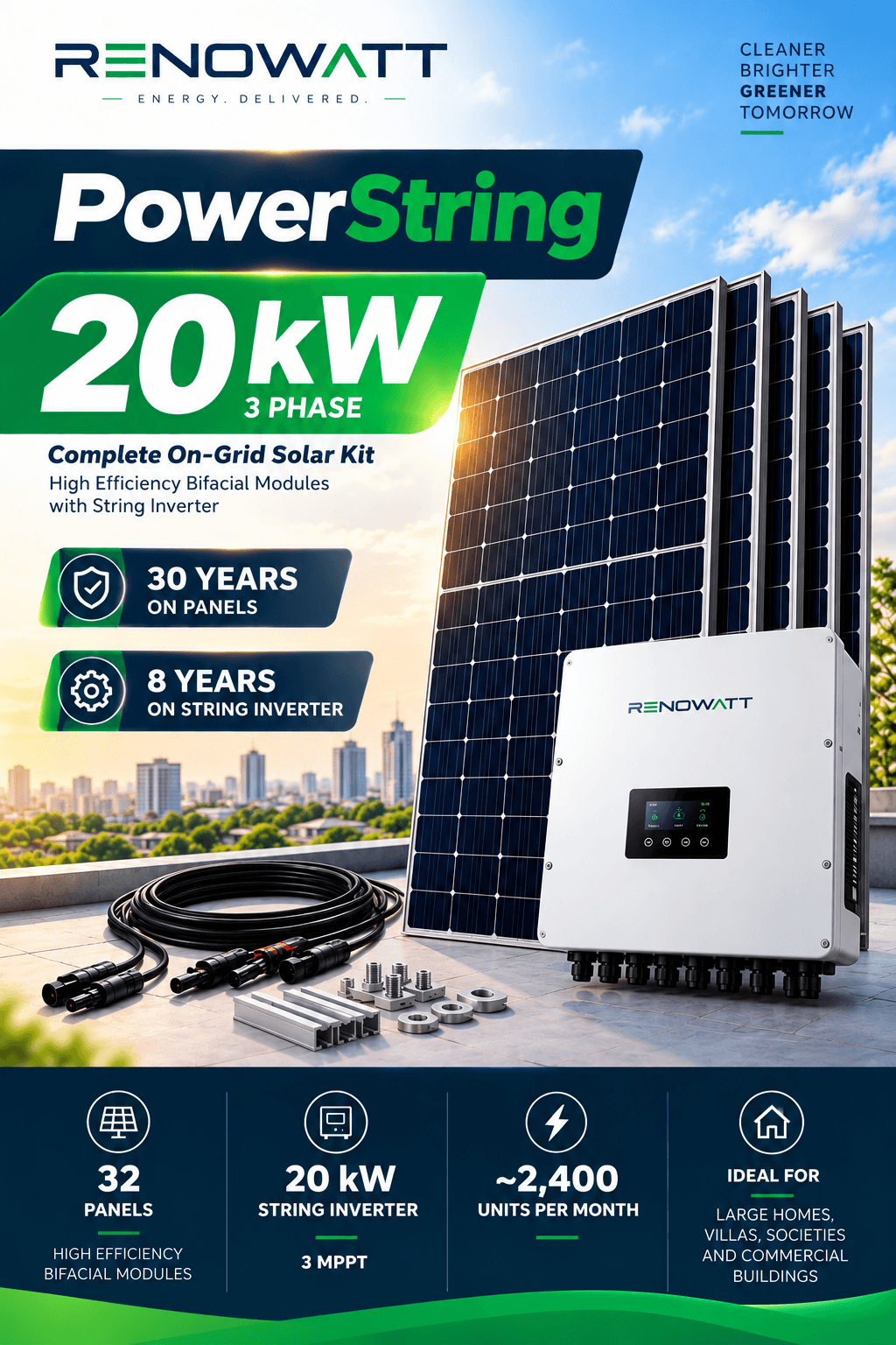 POWER STRING 20kW 3Phase – High Efficiency Bifacial Solar Modules, String Inverter Kit - No Subsidy