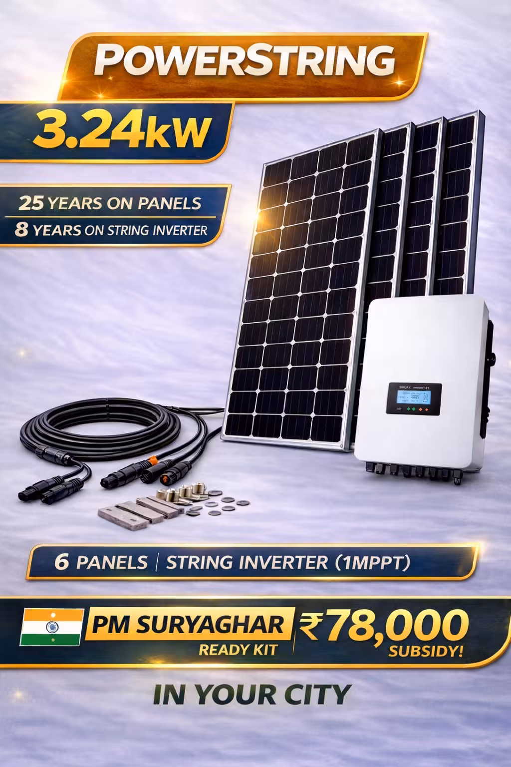 Power String 3.24 kW 1Phase – Bifacial modules, Ongrid String Inverter Kit