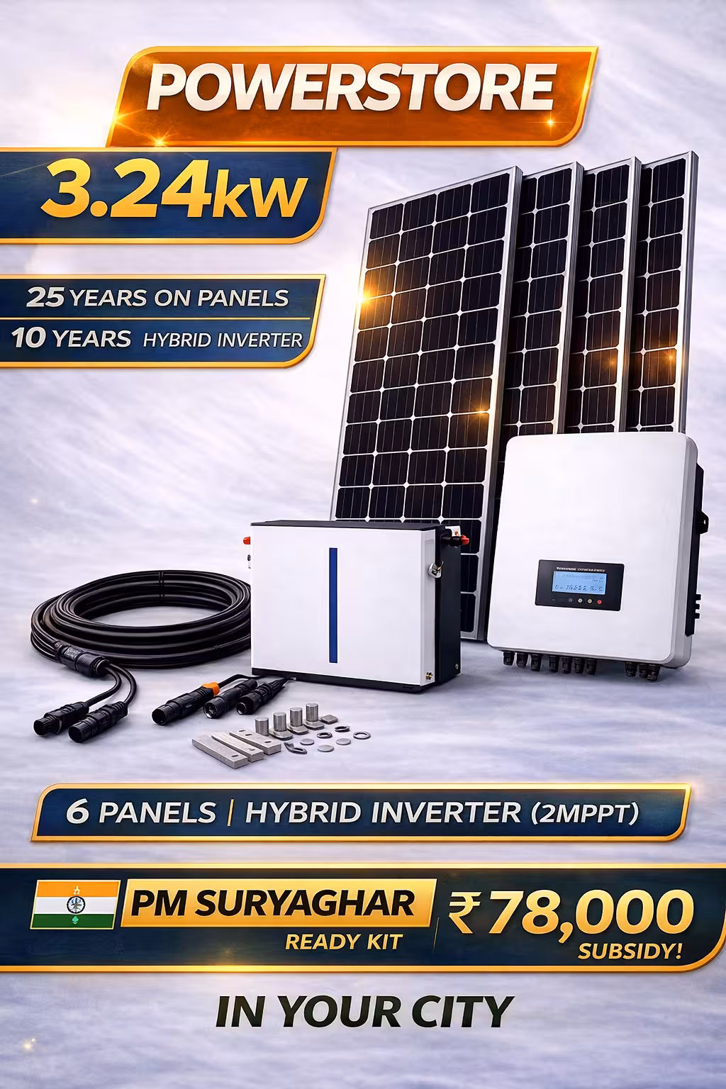 Power Store 3.24 kW 1Phase – Bifacial modules, Hybrid String Inverter, 5kWh Li-Ion Battery Kit