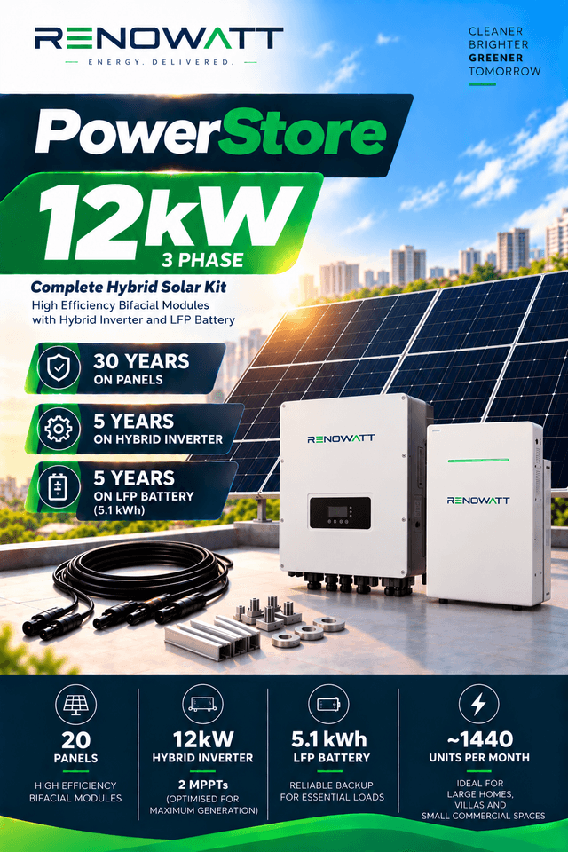 POWER STORE 12kW/5kwh 3Phase – High Efficiency Bifacial Solar Modules, Hybrid Inverter, 5.1kWh Li-Ion Battery Kit