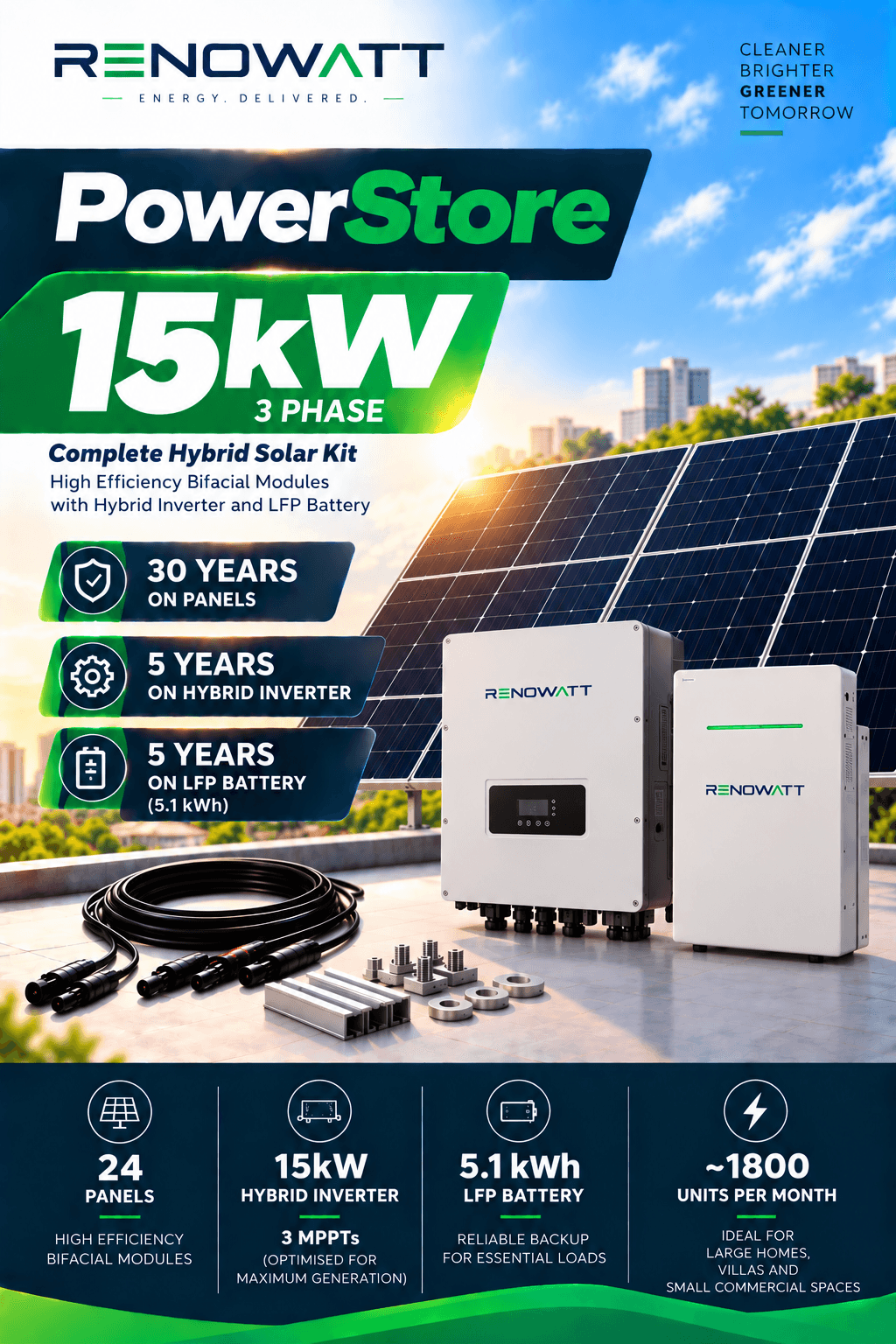POWER STORE 15kW/5kwh 3Phase – High Efficiency Bifacial Solar Modules, Hybrid Inverter, 5.1kWh Li-Ion Battery Kit