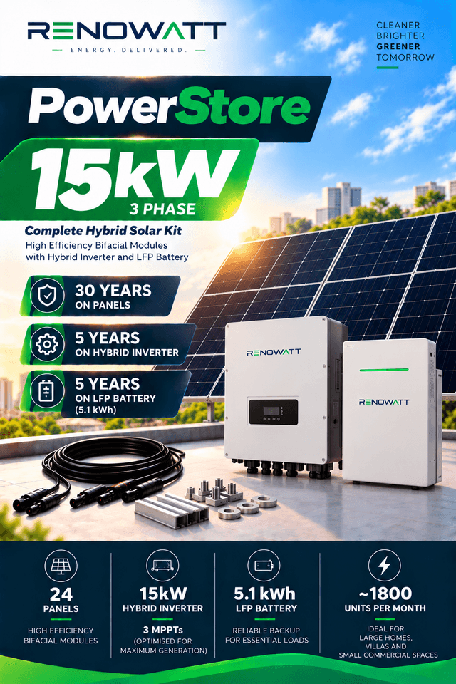 POWER STORE 15kW/5kwh 3Phase – High Efficiency Bifacial Solar Modules, Hybrid Inverter, 5.1kWh Li-Ion Battery Kit