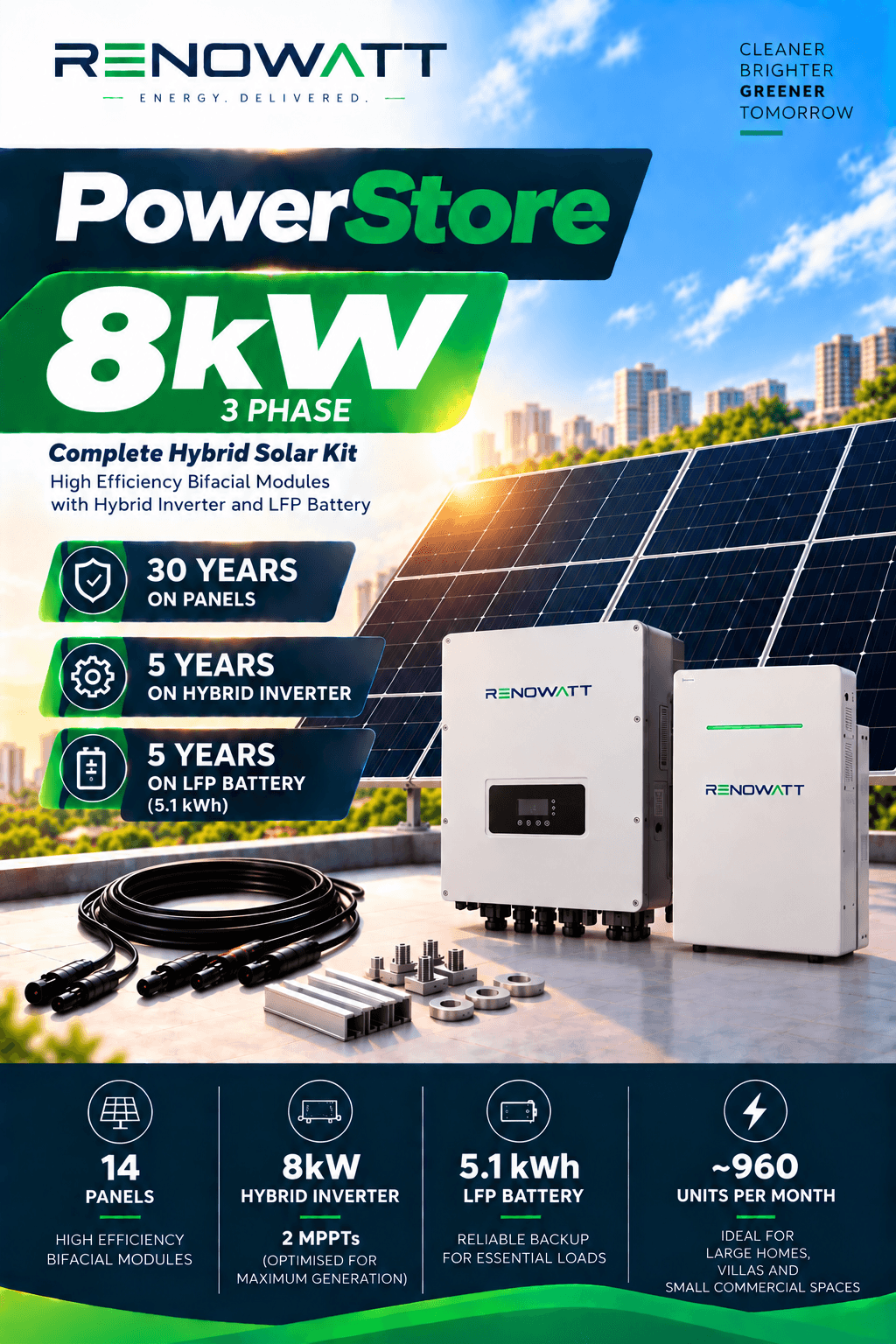 POWER STORE 8kW/5kwh 3Phase – High Efficiency Bifacial Solar Modules, Hybrid Inverter, 5.1kWh Li-Ion Battery Kit